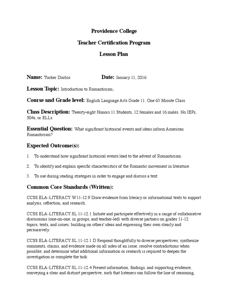 Romanticism Day 1 Lesson Romanticism Educational Assessment
