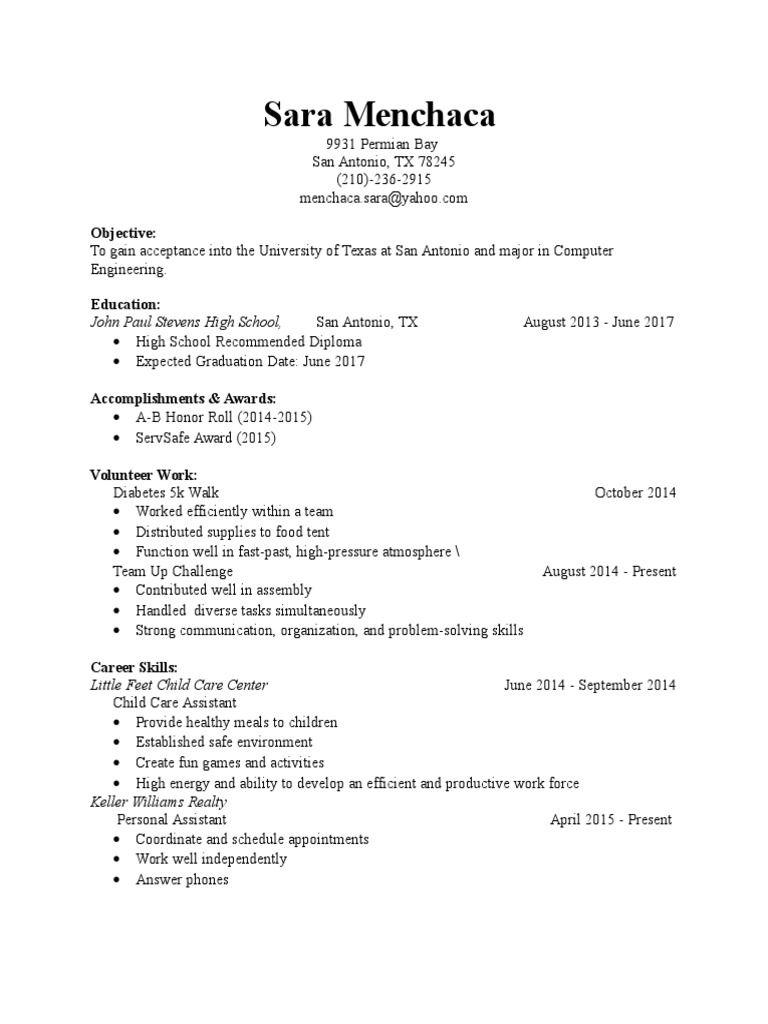 Sara Menchaca's Resume for UTSA Admission | PDF