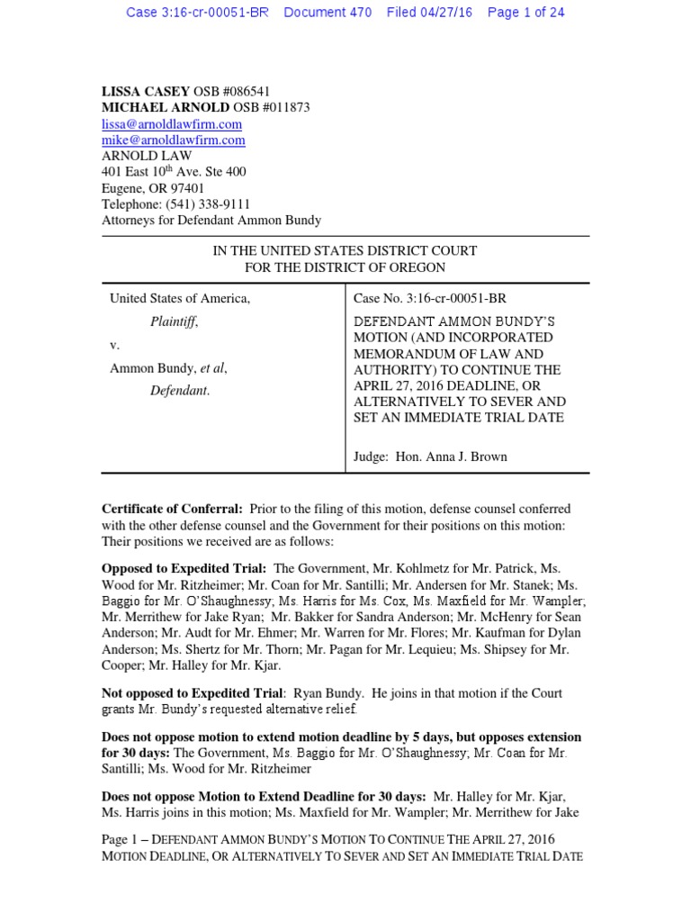 Ammon Bundy's Motion to Extend Deadline | PDF | Continuance | Speedy ...