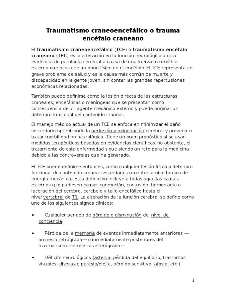 Resumen Traumatismo Craneoencefálico o TEC | PDF | Lesión cerebral ...