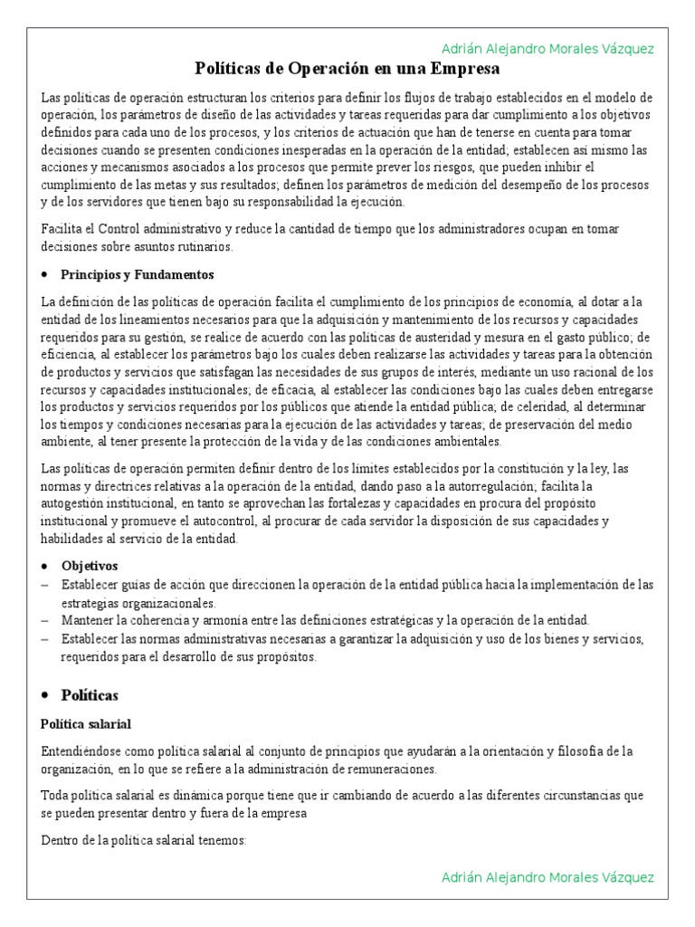 Políticas de Operación en Una Empresa Gestión de