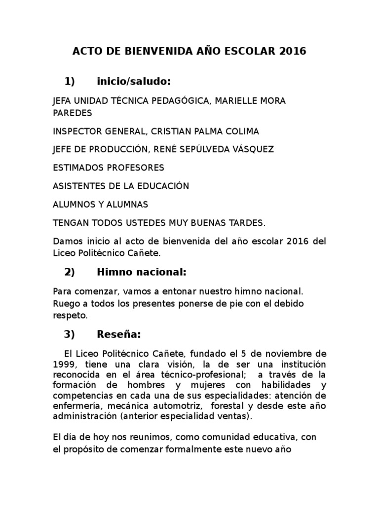 Acto de Bienvenida Año Escolar 2016 | PDF | Escuelas | Estudiantes