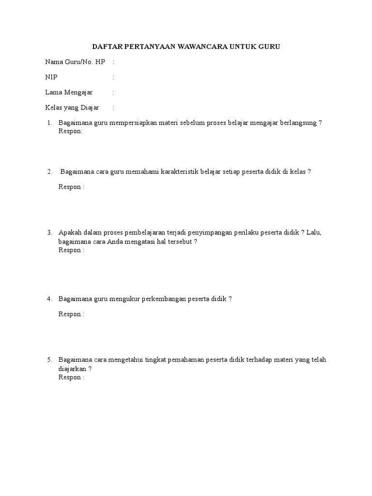 Daftar Pertanyaan Wawancara Untuk Guru
