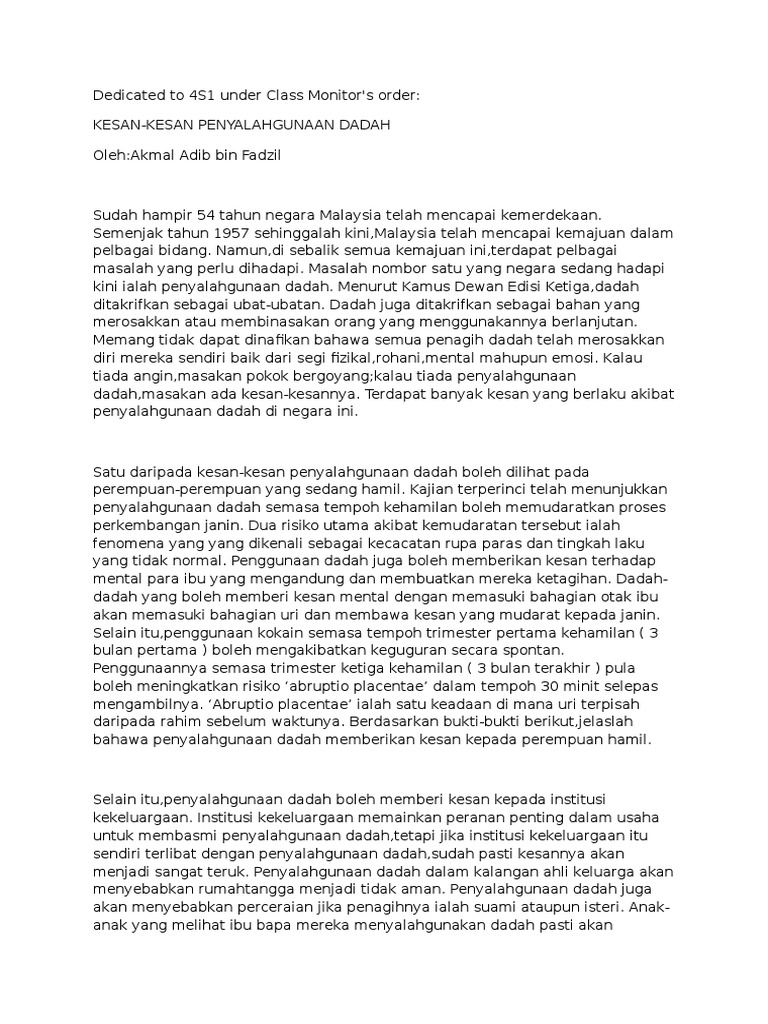 Karangan Kesan Penyalahgunaan Dadah