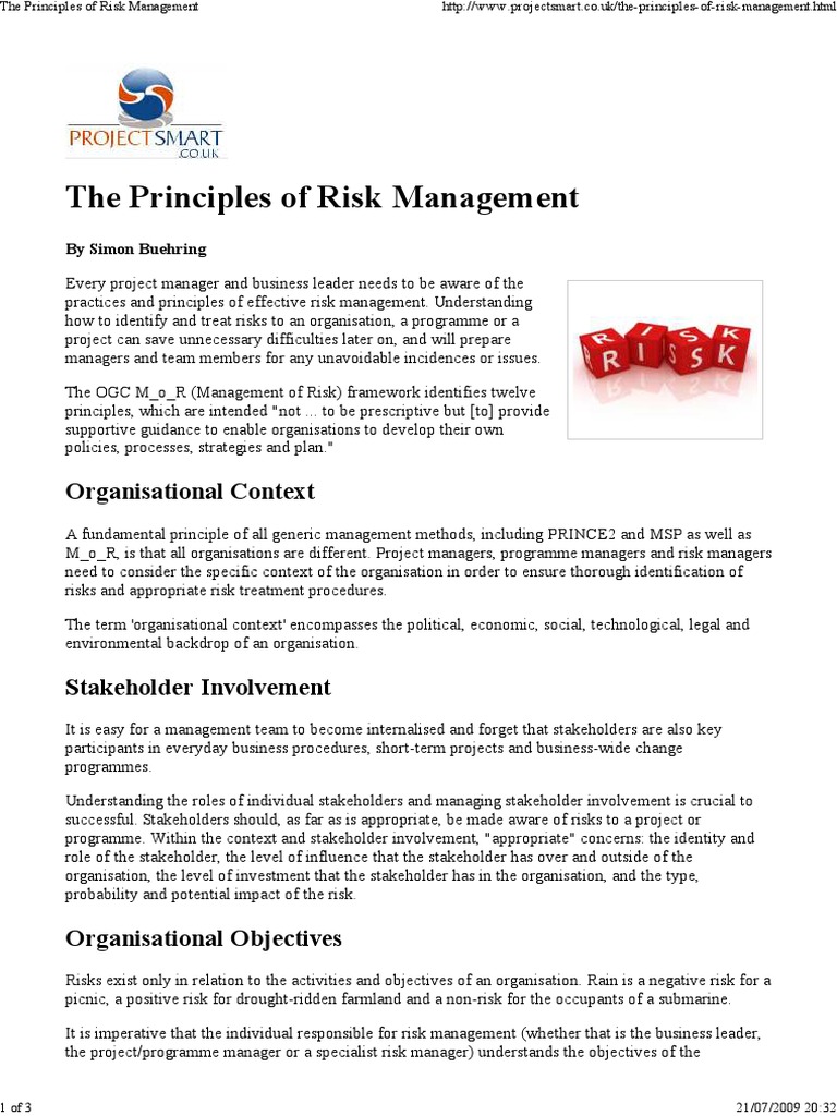 The Principles of Risk Management Risk Management Risk