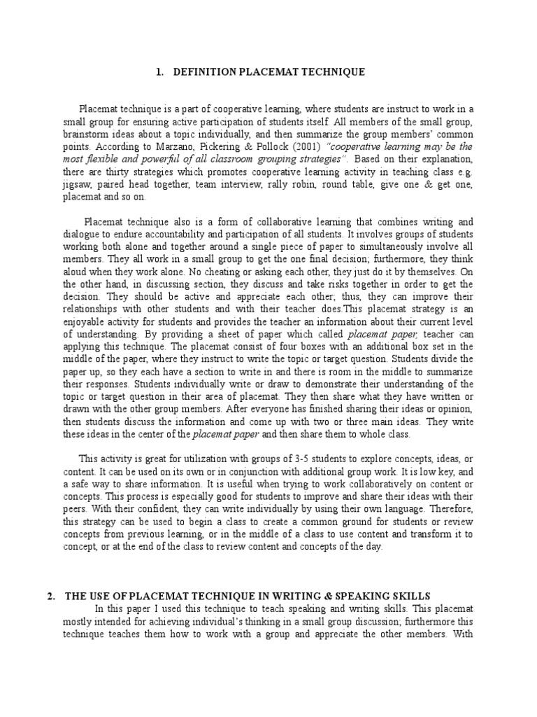 Placemat Strategy Explanation PDF Question Teachers