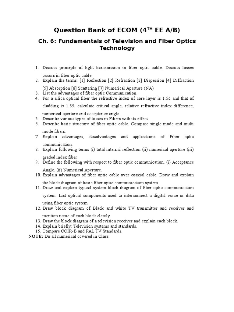Question Bank of ECOM (4 Ee A/B) : Ch. 6: Fundamentals of Television ...