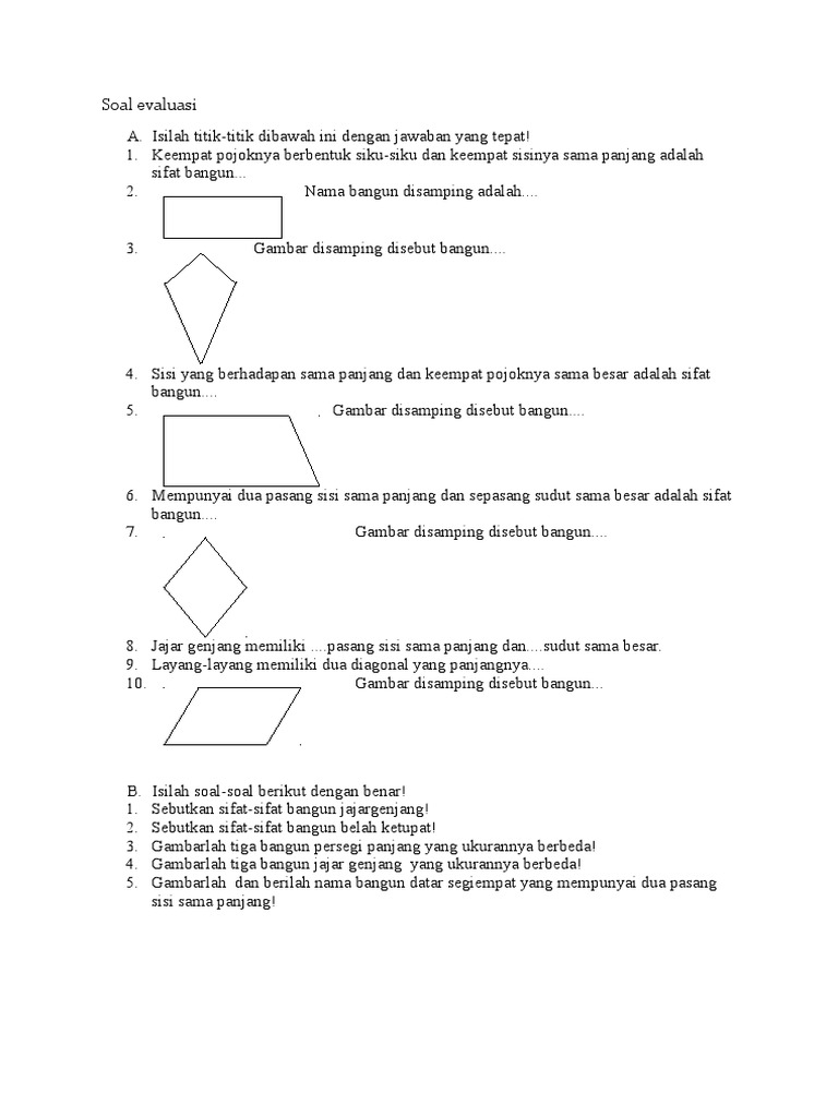 Soal Evaluasi Sifat Bangun Segiempat Revisi