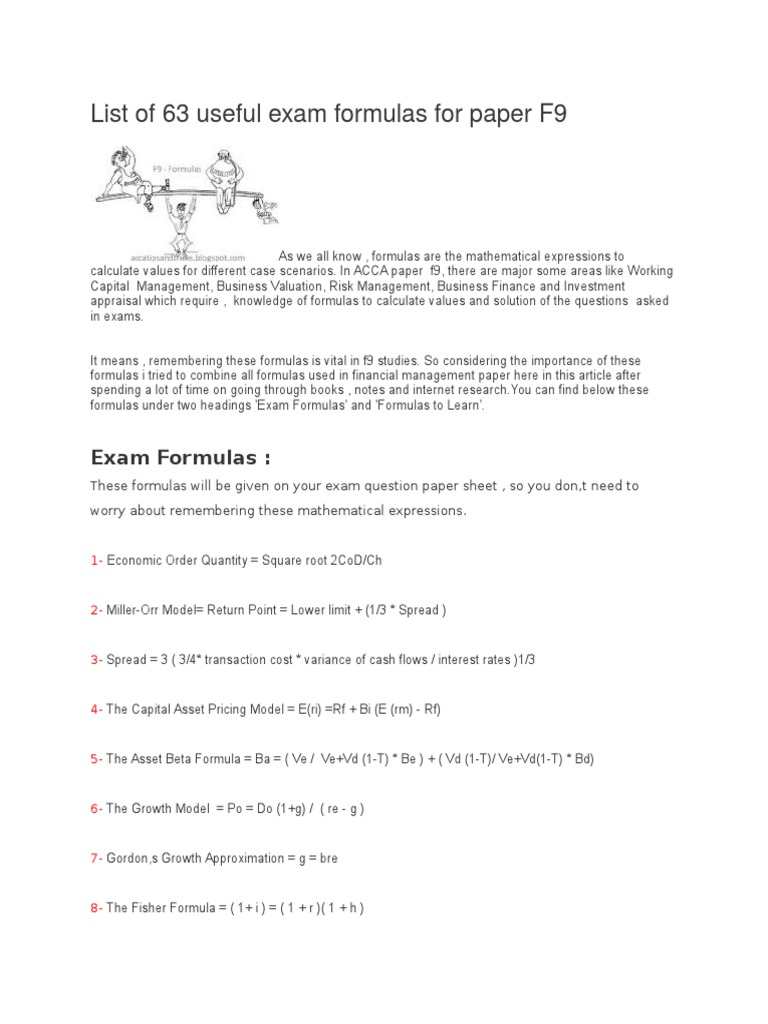 F9 Exam Formulas for Financial Management | PDF | Dividend | Equity ...