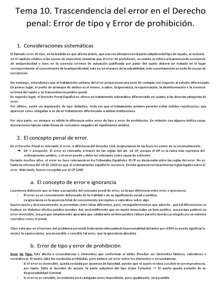Tema 10 - El Error en El Derecho Penal - Error de Tipo y Error de ...