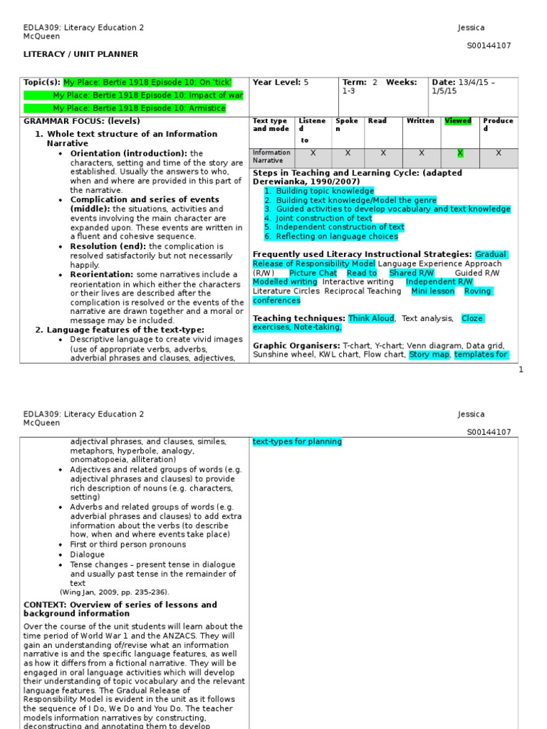 Literacy Unit Plan: WW1 Information Narrative | PDF | Narrative ...