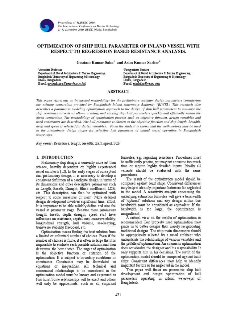 Optimization Of Ship Hull Parameter Of Inland Vessel With Respect To