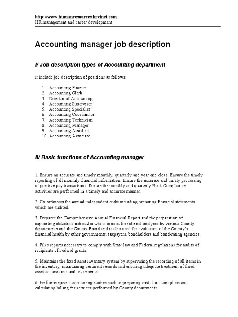 Accounting Manager Job Description | Accounting | Audit