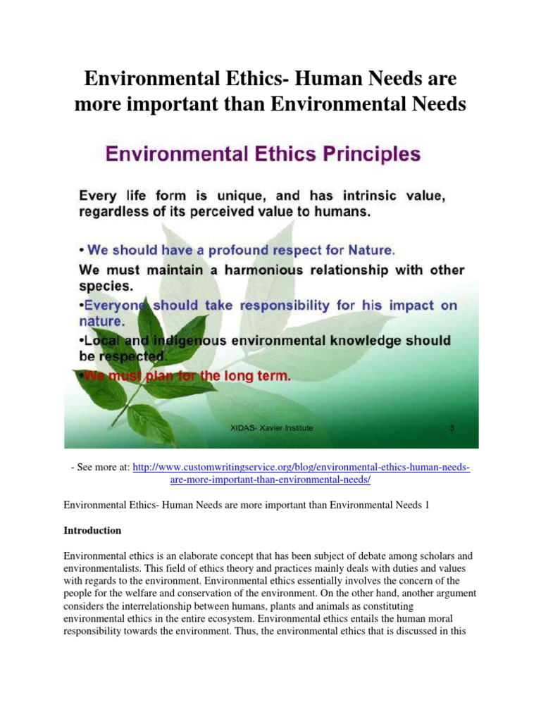 Environmental Ethics Human Needs are more important than Environmental