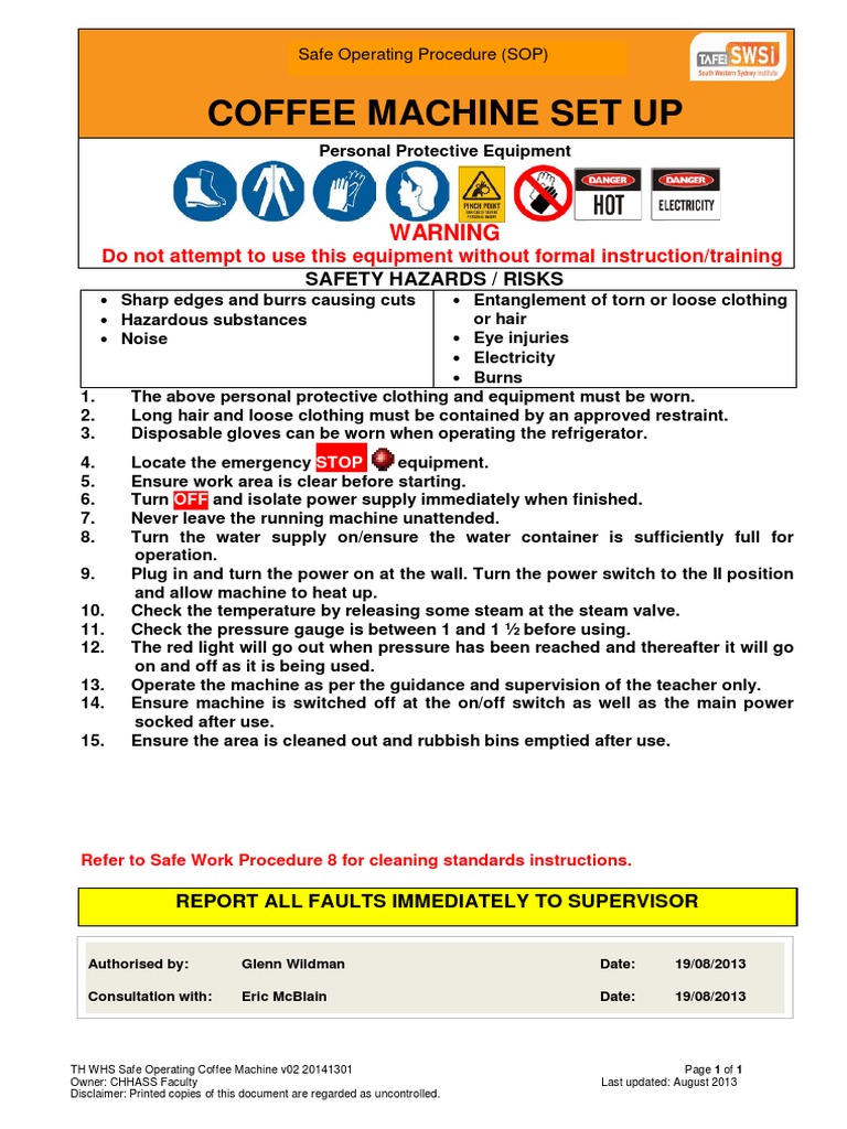 Safe Operating Procedure Coffee Machine PDF