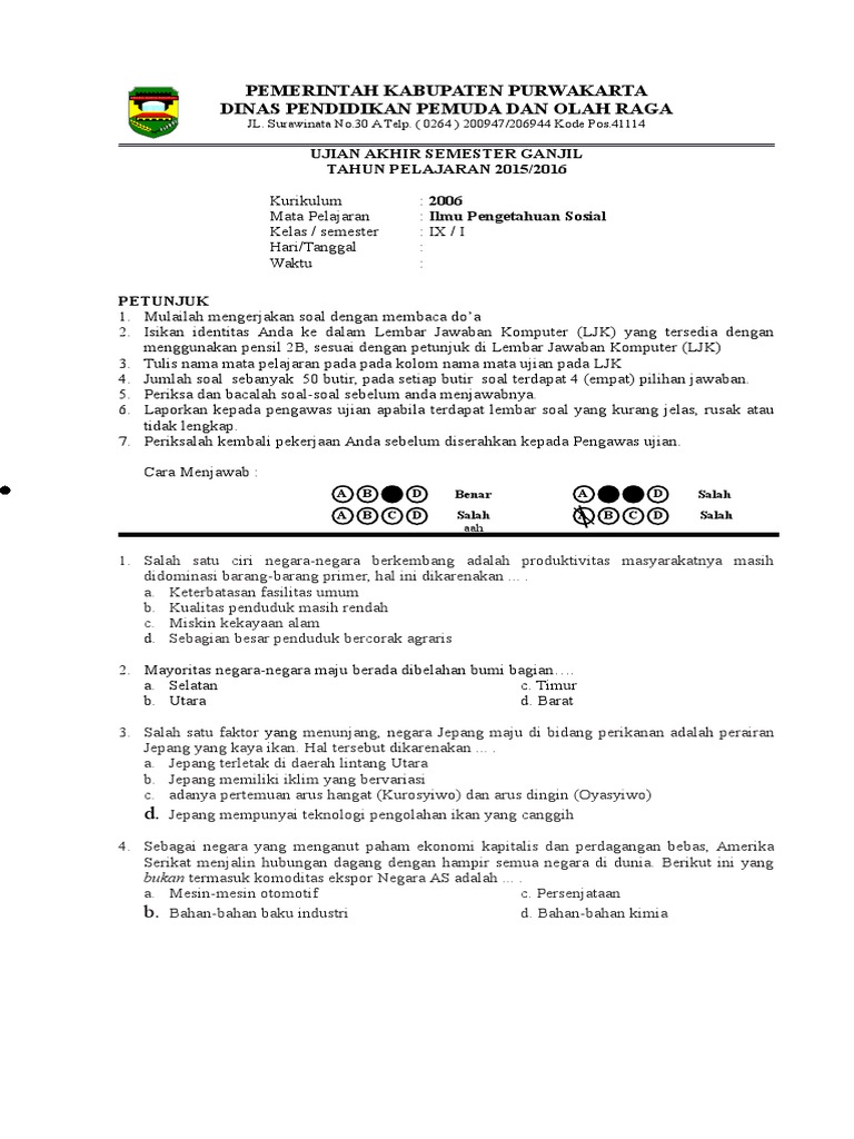 Soal Uas Ips Kelas Ix Sem I Tahun 2015 2016 Ok Docx