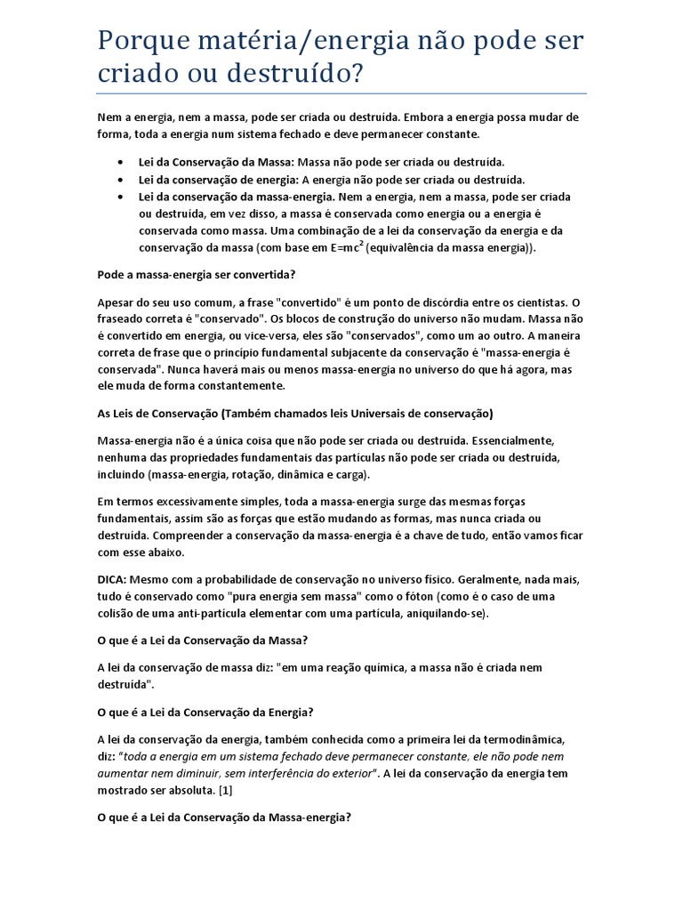 Conservação de Massa e Energia | PDF | Massa | Universo