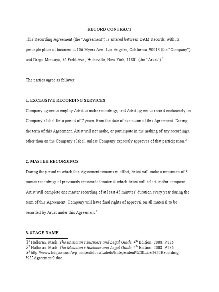 Exclusive Recording Agreement Template | PDF | Royalty Payment | Breach ...