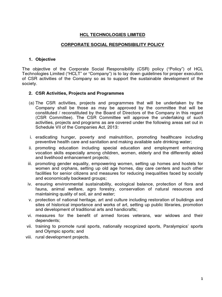 HCL Technologies CSR Policy Overview | PDF | Corporate Social ...