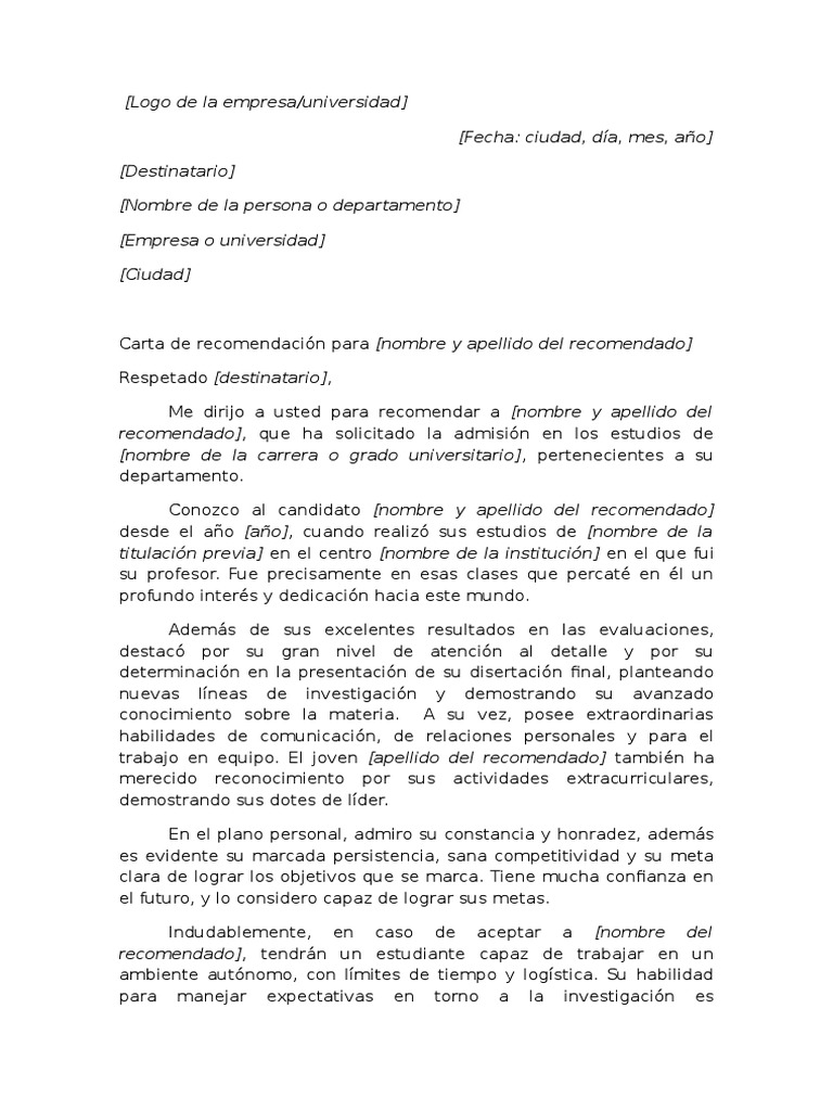 Ejemplo de Carta de Recomendación Académica para Universidad  PDF