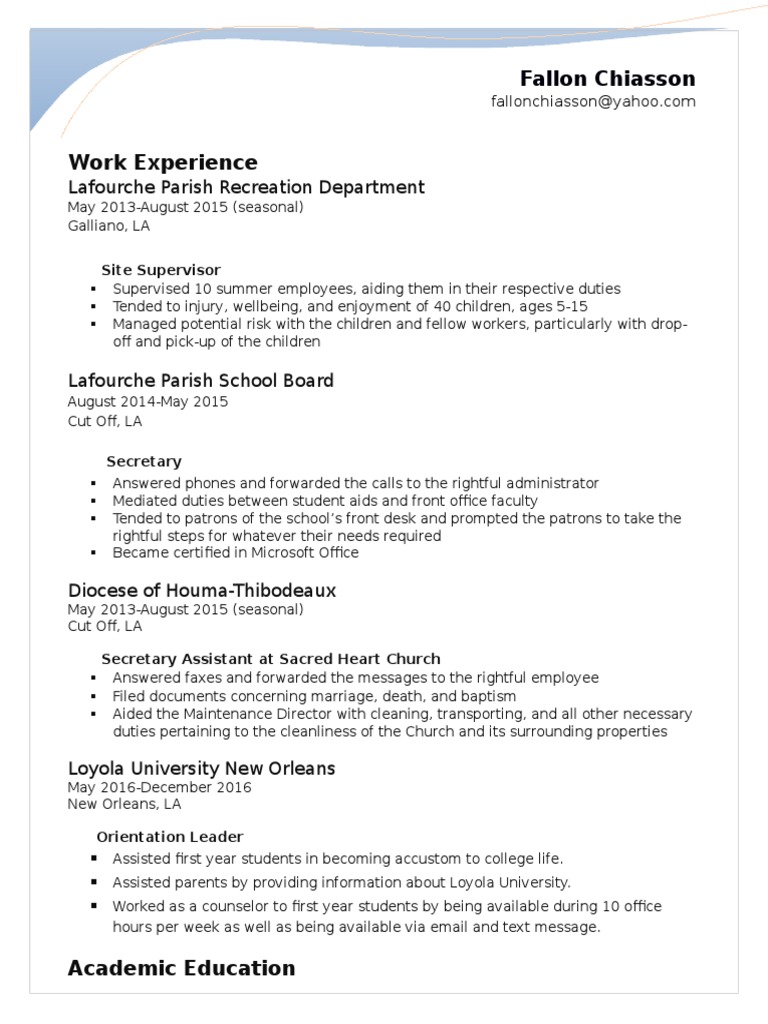 Fallon Chiasson: Work & Education Summary | PDF
