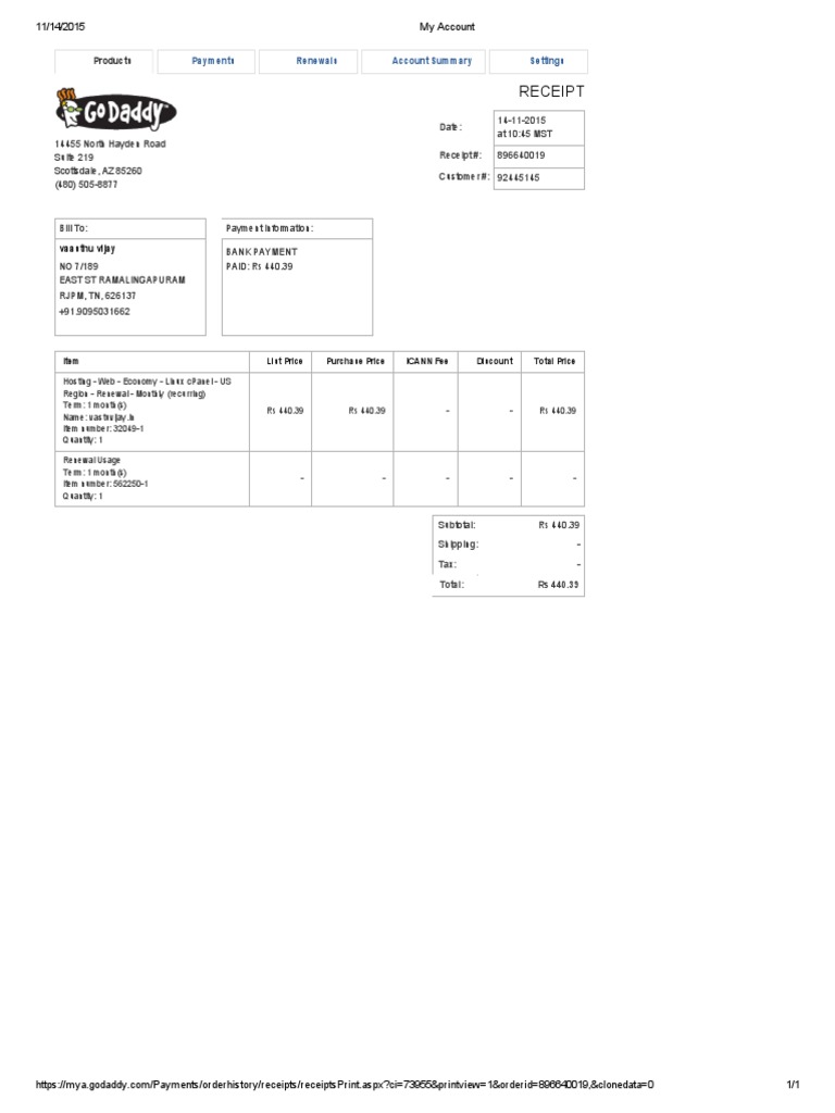 Receipt: Payments Renewals Account Summary Settings | PDF