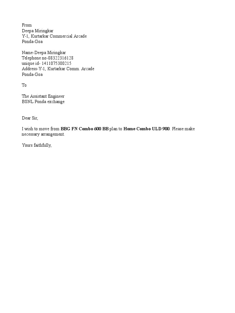 sample request change document form Change BSNL Letter Plan sample request change document form Change BSNL Letter Plan