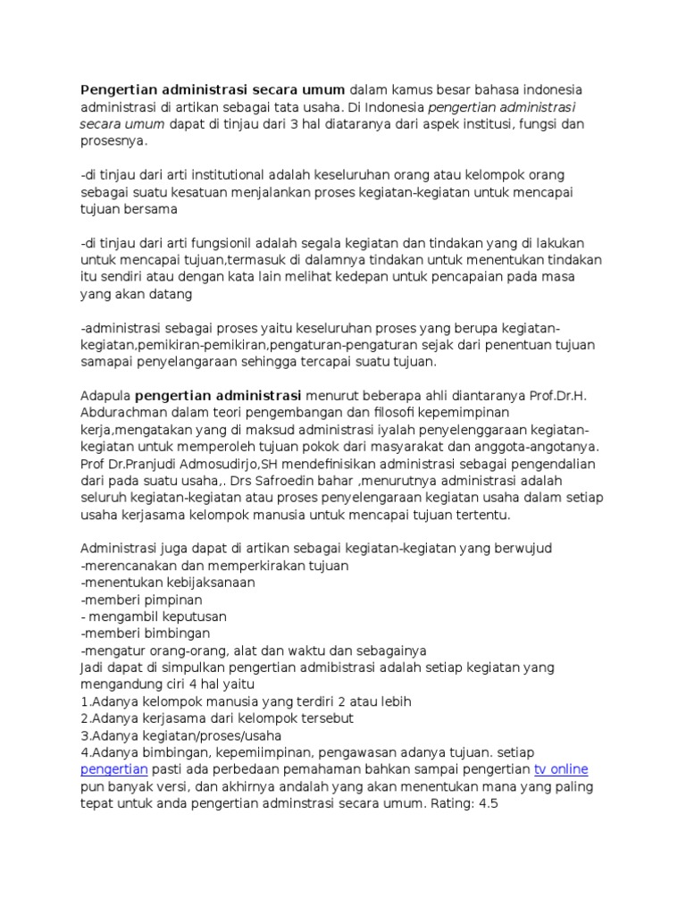 Pengertian Administrasi Secara Umum Dalam Kamus Besar Bahasa Indonesia Administrasi Di Artikan Sebagai Tata Usaha Pdf