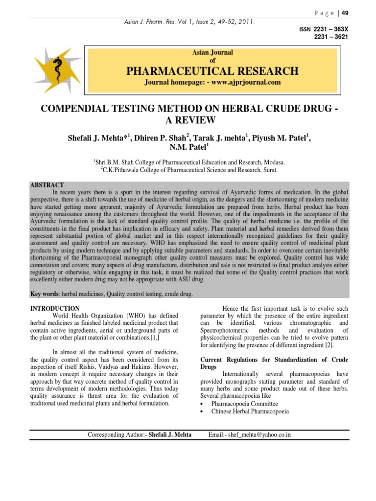Compendial Testing Method On Herbal Crude Drug - A Review | PDF ...
