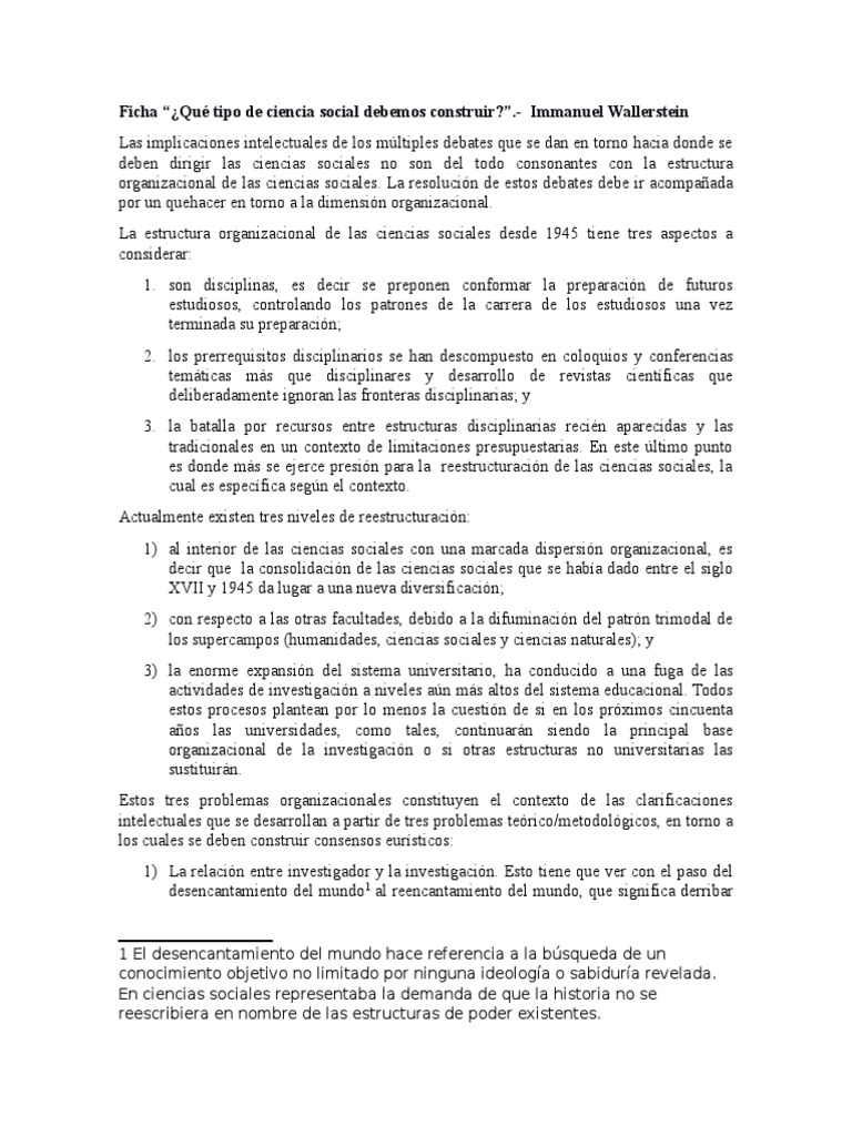 Ficha Wallerstein Abrir Las Ciencias Sociales Cap 3 y 4