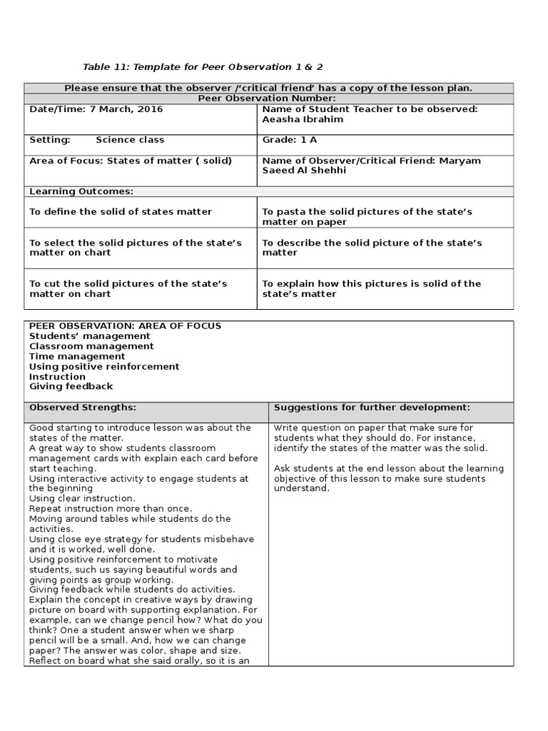 Table 11 Template for Peer Observation 1 & 2 Educational Assessment