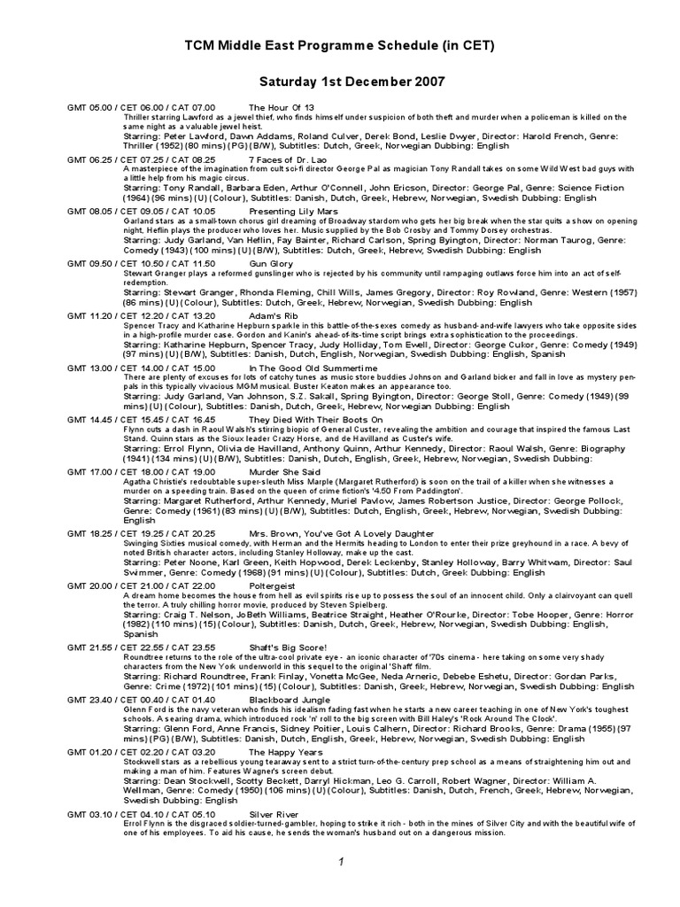 TCM Middle East December 2007 Schedule | PDF | Leisure