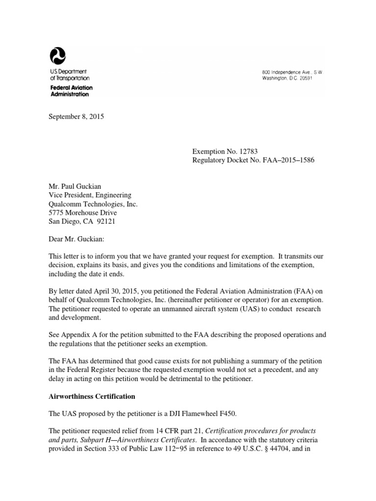Qualcomm's FAA 333 Exemption Granted | PDF | Unmanned Aerial Vehicle ...