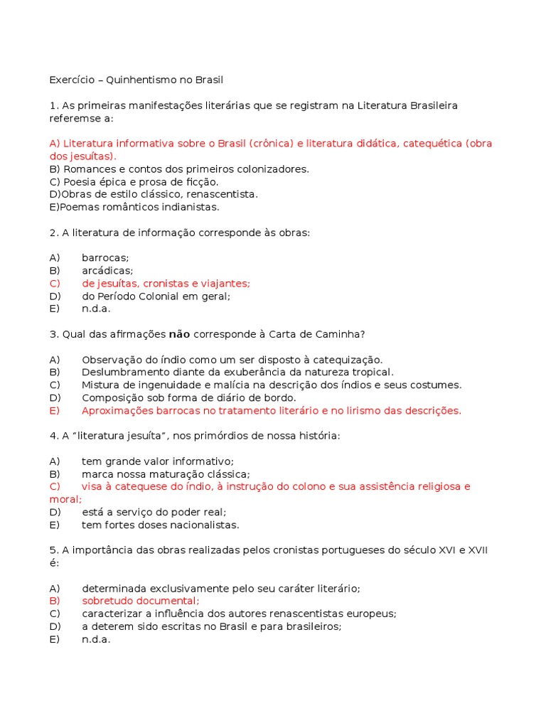 Atividade sobre Quinhentismo no Brasil | PDF | Catecismo | Poesia