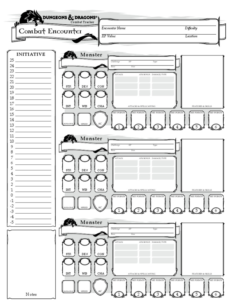 DnD 5E Encounter Sheet Combat Tracker Fantasy Role Playing Games