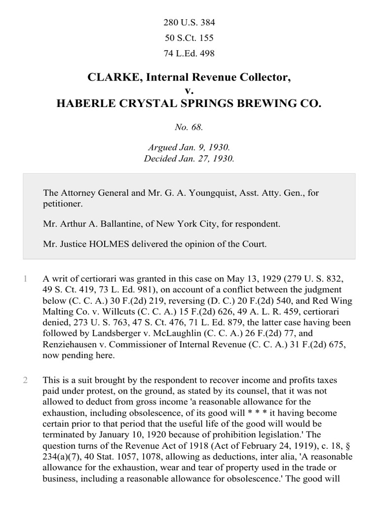 Clarke v. Haberle Crystal Springs Brewing Co., 280 U.S. 384 (1930