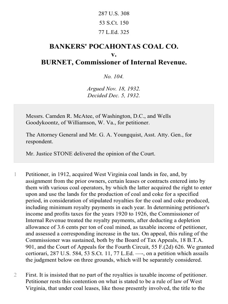 Bankers Pocahontas Coal Co v Burnet 287 U S 308 (1932) PDF