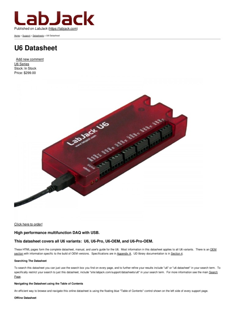 LabJack U6 Datasheet Export 20160108 PDF Operational Amplifier