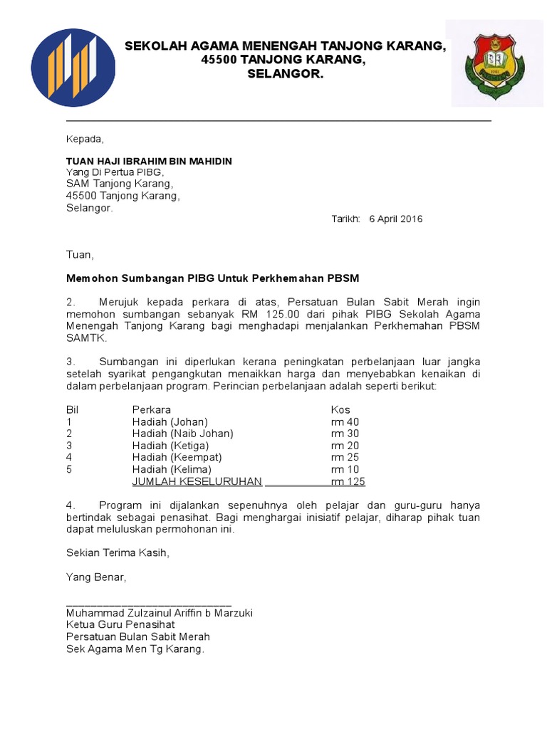 Surat Mohon Sumbangan Pibg Utk Pbsm
