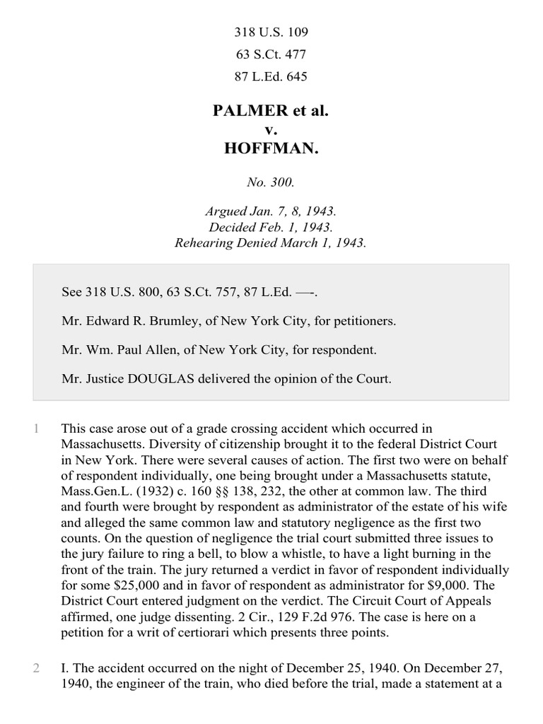 Palmer v. Hoffman, 318 U.S. 109 (1943) | PDF | Negligence | Supreme ...