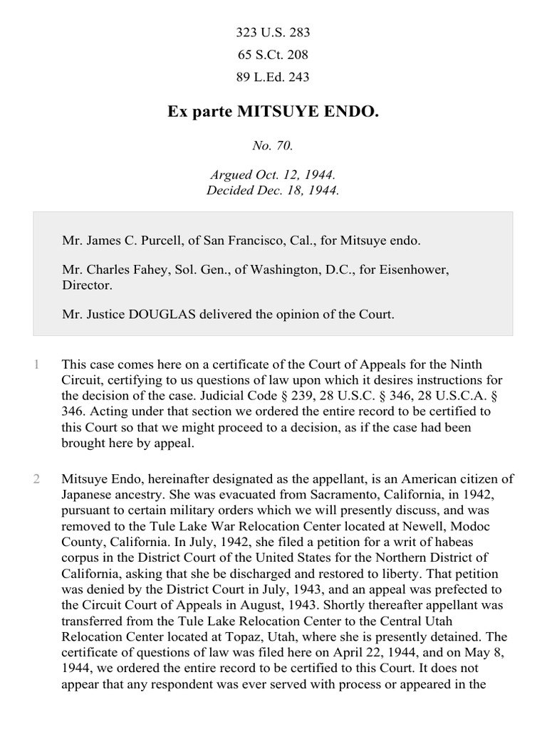 Ex Parte Endo, 323 U.S. 283 (1945) PDF United States Constitution