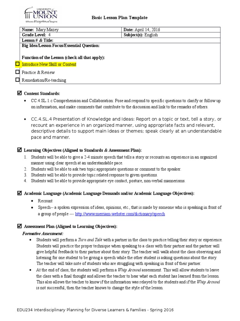 4th Grade Speech Lesson Plan Template | PDF | Educational Assessment ...