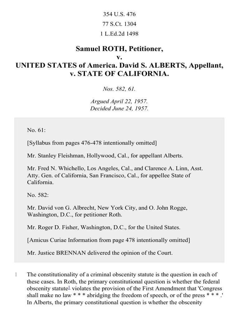 Roth v. United States, 354 U.S. 476 (1957) First Amendment To The United States Constitution