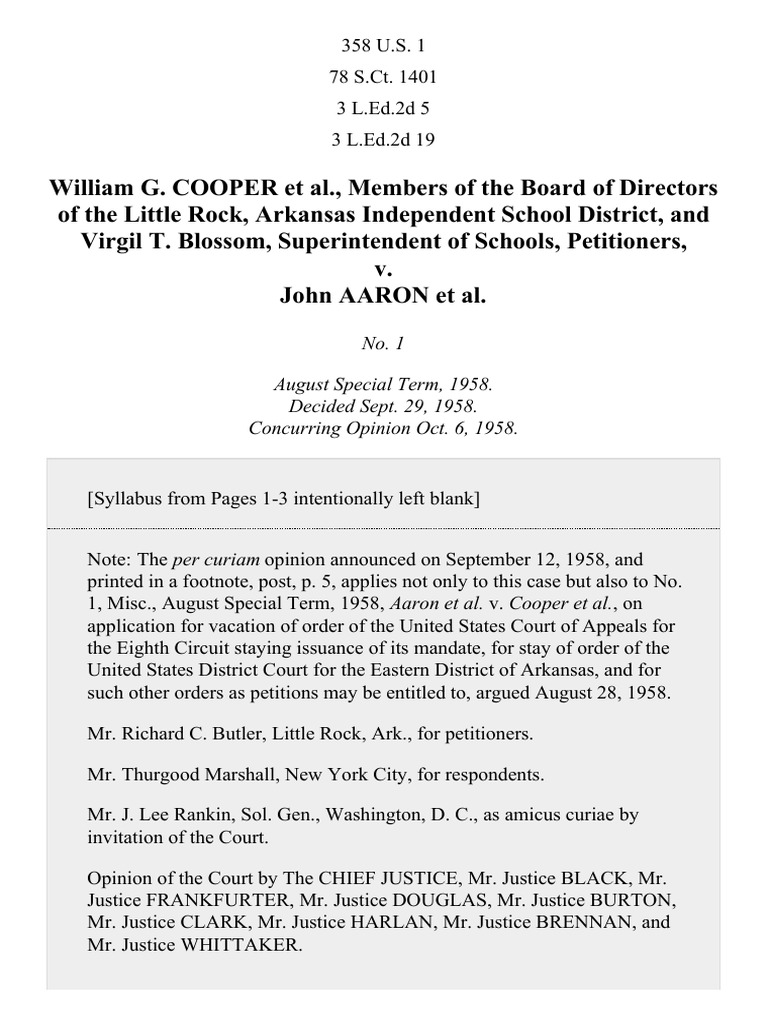 Cooper V Aaron 358 U S 1 1958 Pdf United States Constitution