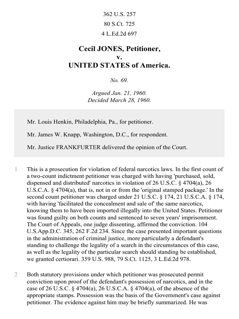 Jones v. United States, 362 U.S. 257 (1960) Search And Seizure