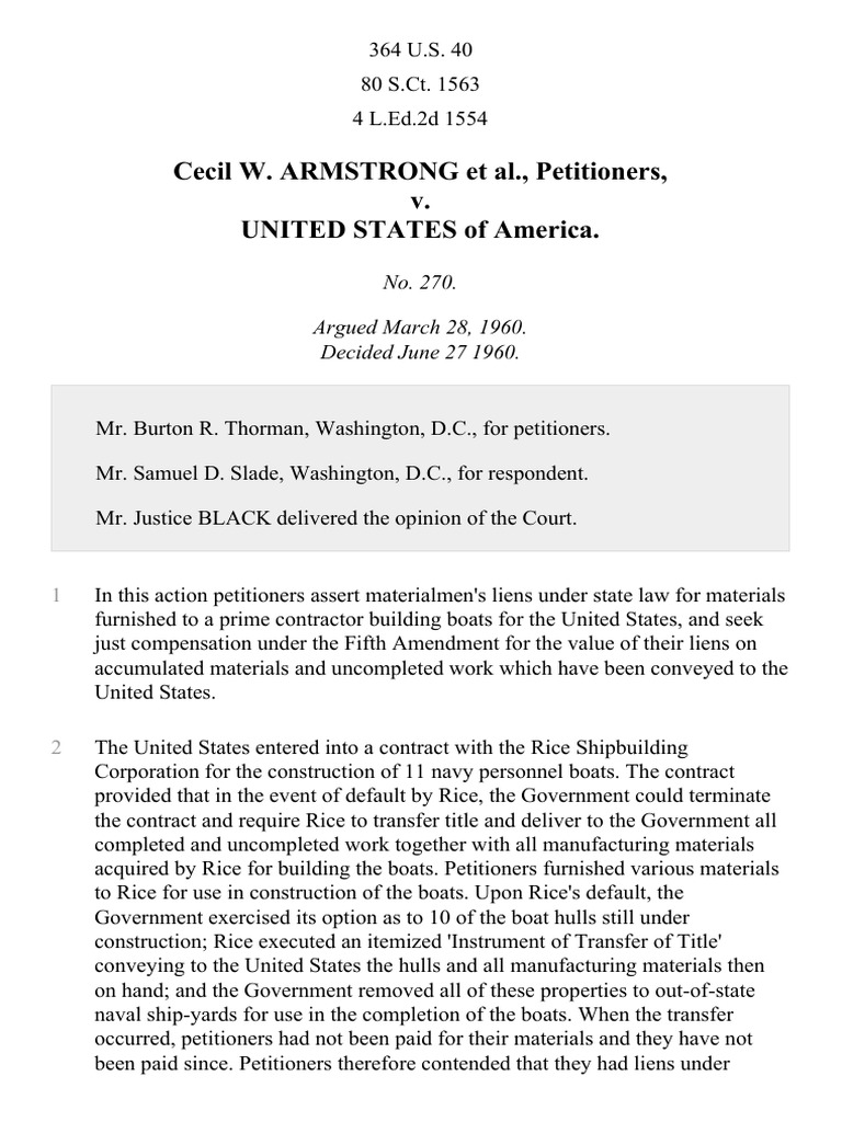 Armstrong v. United States, 364 U.S. 40 (1960) Eminent Domain Lien