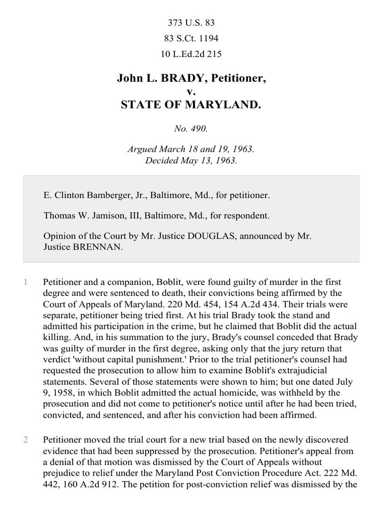Brady v. Maryland, 373 U.S. 83 (1963) Fourteenth