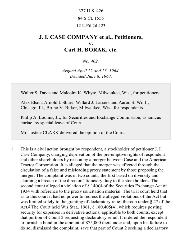 JI Case Co. v. Borak, 377 U.S. 426 (1964) PDF Proxy Voting