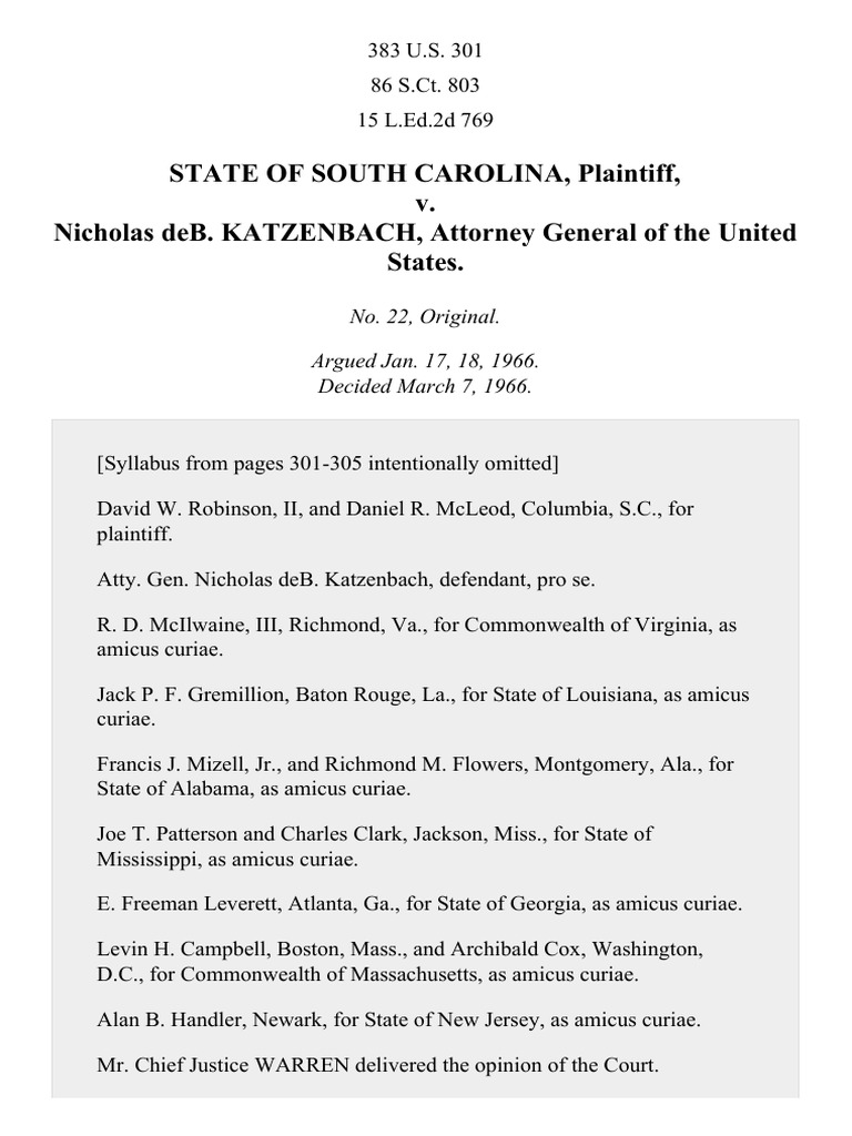 South Carolina v. Katzenbach, 383 U.S. 301 (1966) PDF Due Process