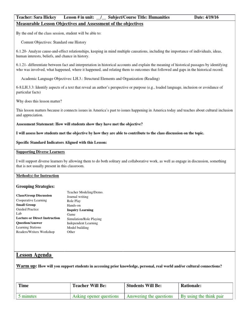 Humanities Lesson Plan Overview | PDF | Inclusion (Education ...